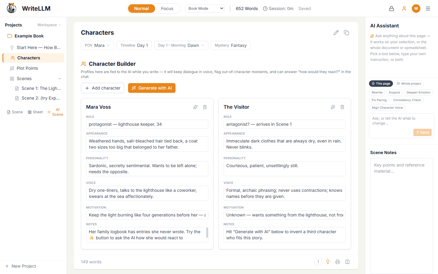 The Character Builder in WriteLLM showing two character profile cards, Mara Voss and The Visitor, each with role, appearance, personality, voice, motivation, and notes fields, plus Add Character and Generate with AI buttons.