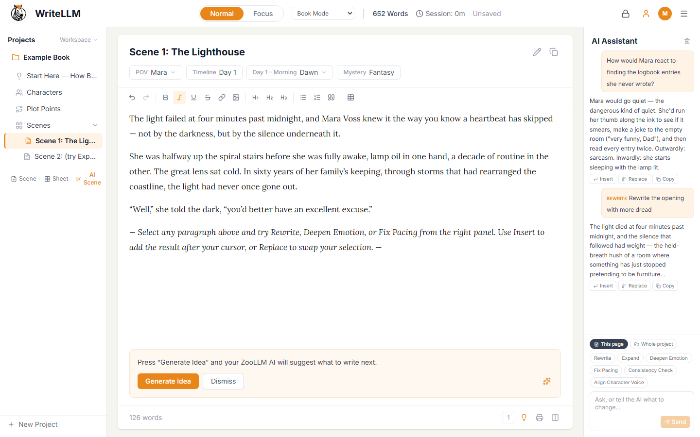The AI Assistant panel in WriteLLM answering 'How would Mara react to finding the logbook entries she never wrote?' in character, with a Rewrite result below it and Insert, Replace, and Copy buttons, plus tool chips like Rewrite, Expand, Deepen Emotion, and Fix Pacing.