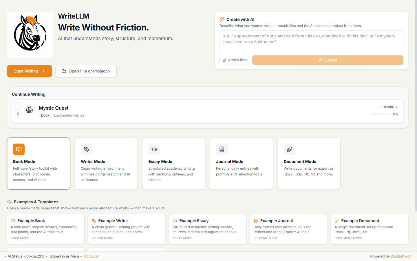 The WriteLLM dashboard with a 'Create with AI' prompt box, a Continue Writing card for a book called Mystic Quest, five mode cards for Book, Writer, Essay, Journal, and Document modes, and a row of example projects and templates.