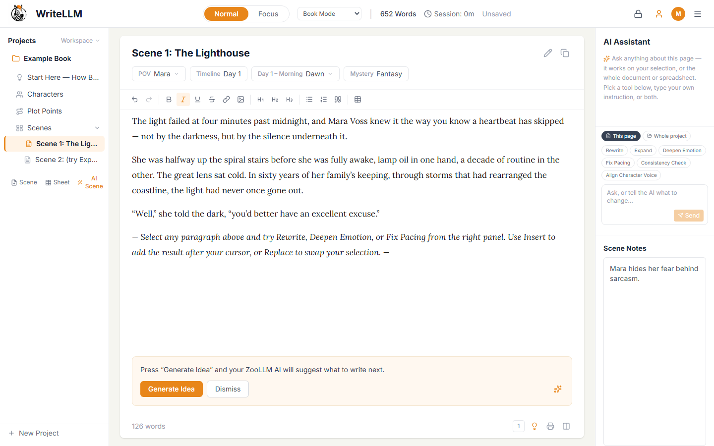 The WriteLLM editor showing a novel scene titled 'Scene 1: The Lighthouse' with POV, timeline, and genre tags, a rich-text toolbar, the project tree of characters, plot points, and scenes on the left, and the AI Assistant panel with Rewrite, Expand, and Deepen Emotion tools on the right.