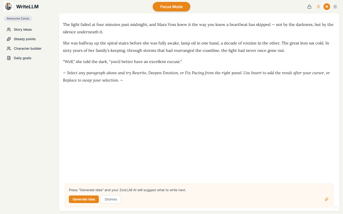WriteLLM in Focus Mode: a minimal cream-colored screen with only the manuscript text of the lighthouse scene, a slim sidebar of quick zones, and an optional Generate Idea prompt at the bottom.
